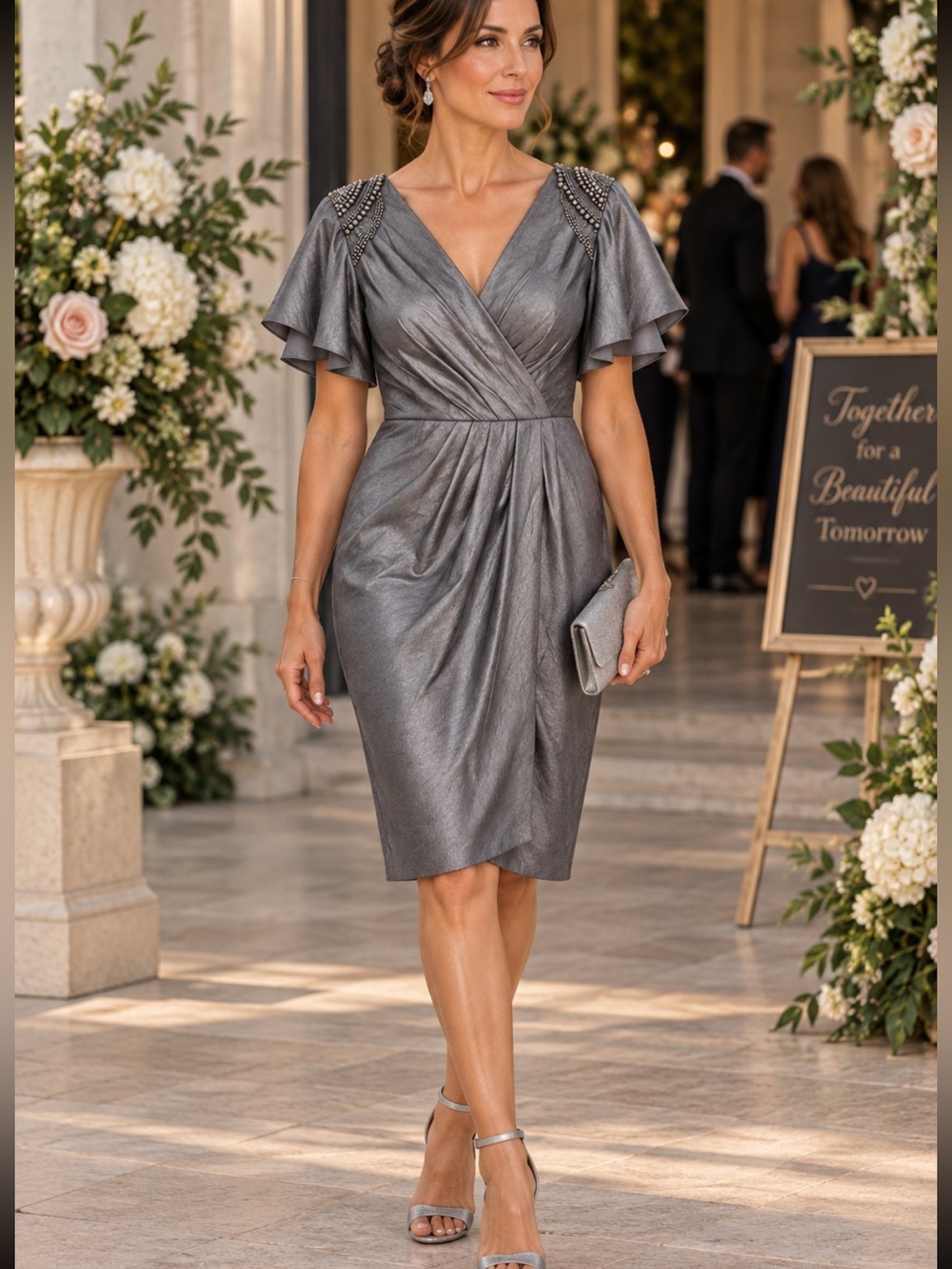 Adrianna Papell Gunmetal Pewter Shimmer Faux Cocktail Dress